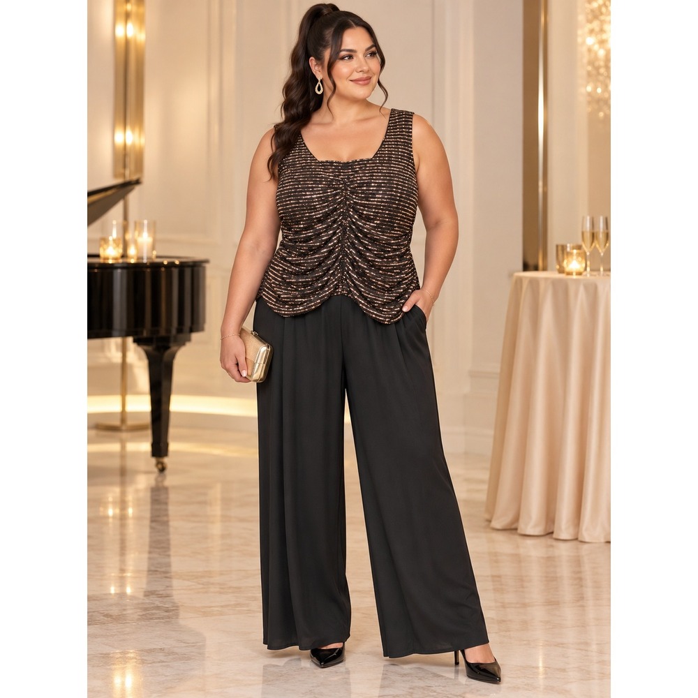 Whimsigoth Glam Elegant Party Rose Gold Sequin Cowl Neck Wide Leg 18W Jumpsuit